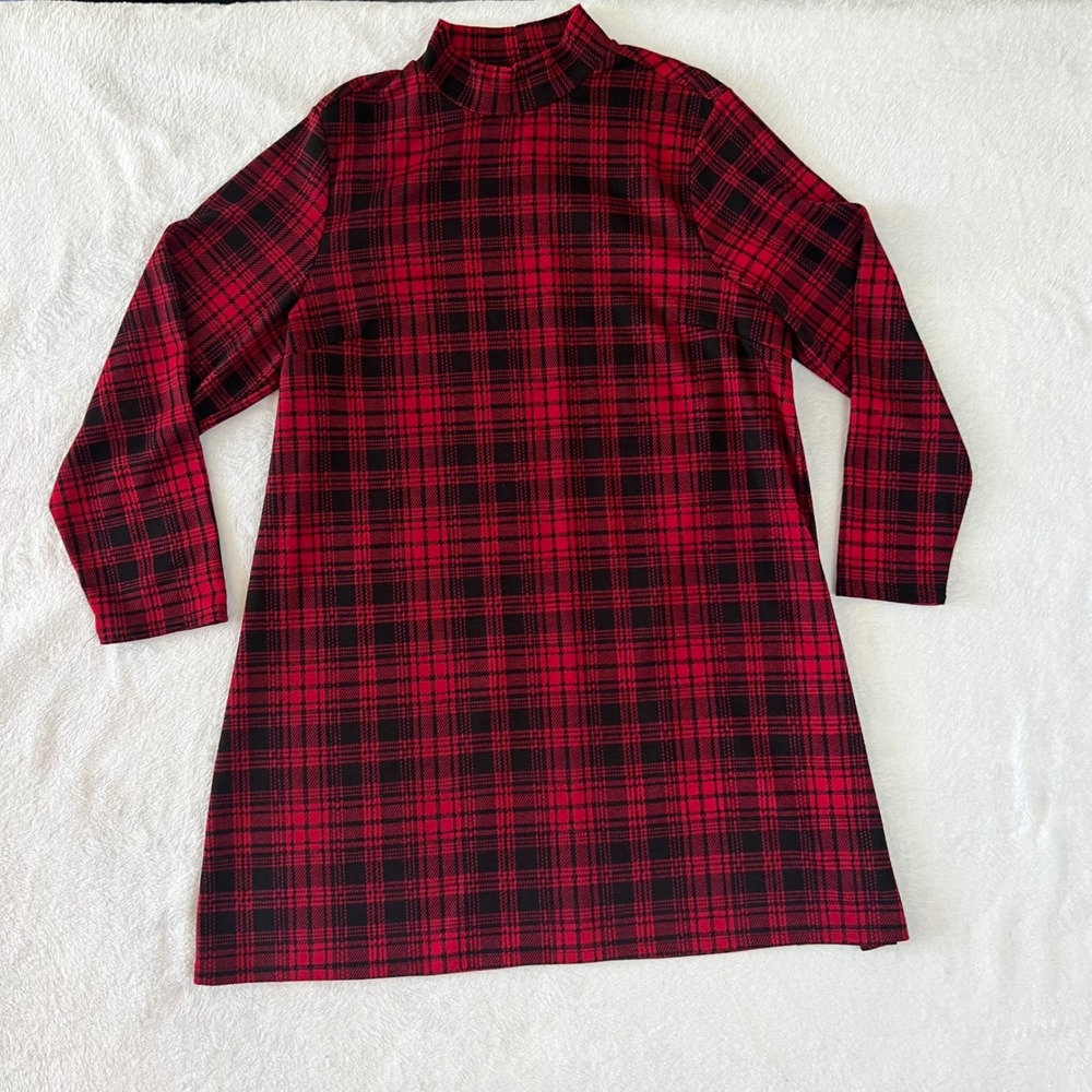 Massini Red Black Plaid Mock Neck A-Line Dress Plus Size 1X Long Sleeve Stretch